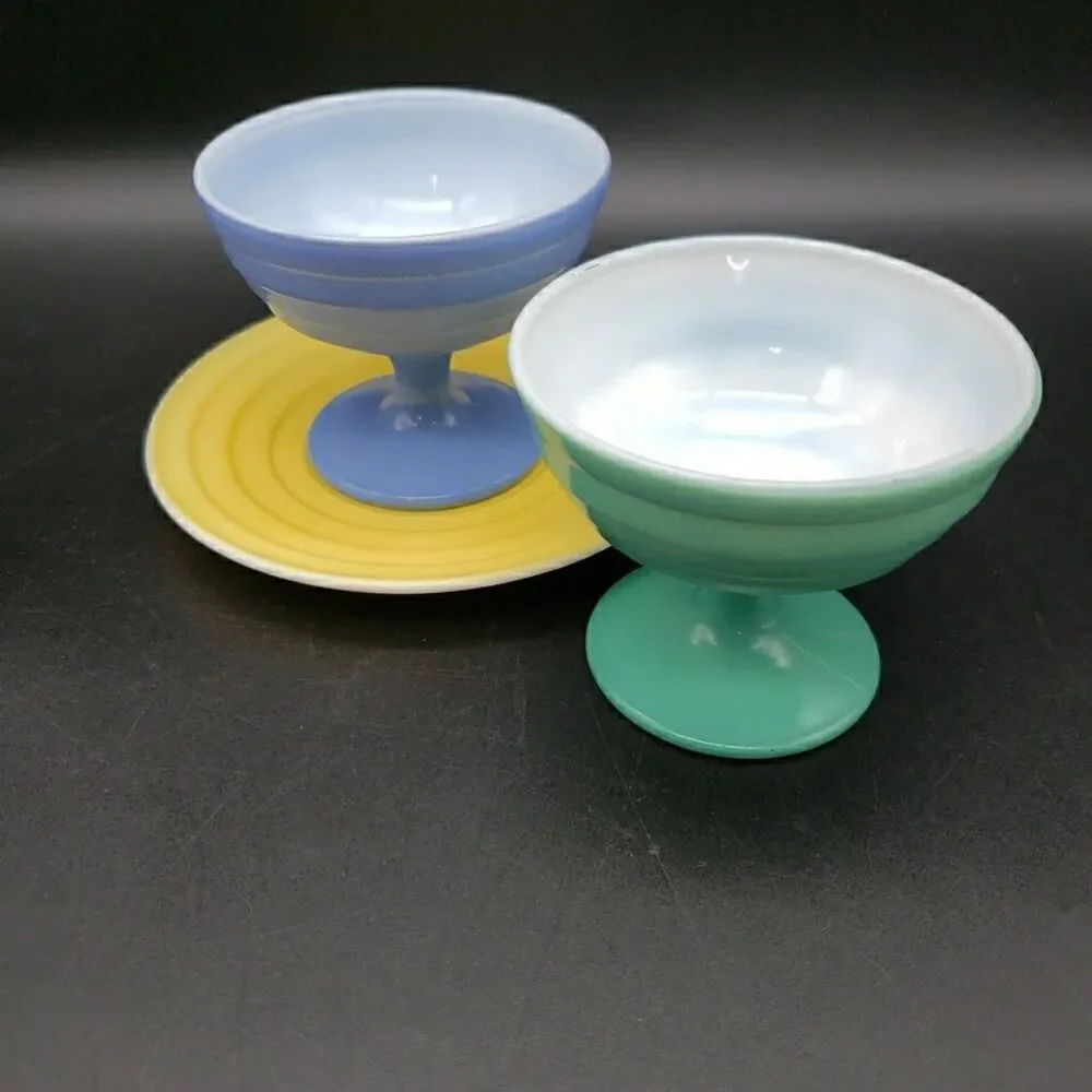 Vtg Hazel Atlas Moderntone Platonite 4pc Pastel Mixed Set Blue Green Yellow Pink